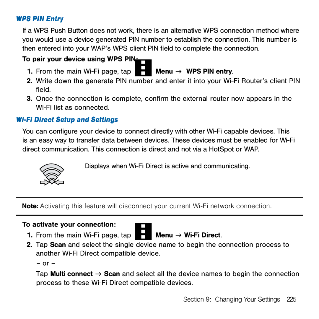 Samsung GH68-41834A user manual WPS PIN Entry, Wi-Fi Direct Setup and Settings 