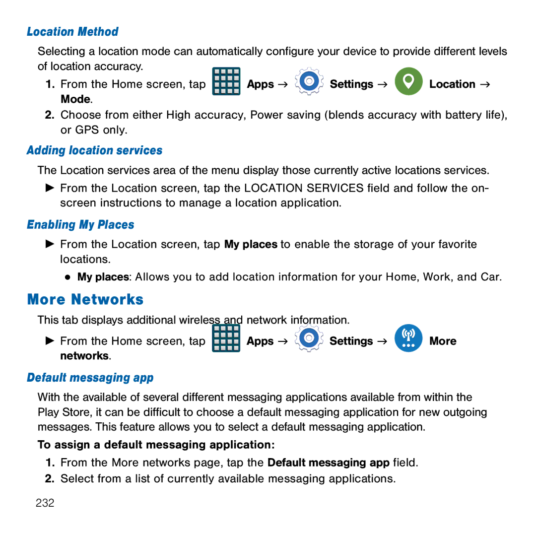 Samsung GH68-41834A More Networks, Location Method, Adding location services, Enabling My Places, Default messaging app 