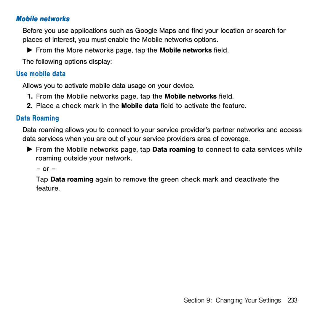 Samsung GH68-41834A user manual Mobile networks, Use mobile data, Data Roaming 