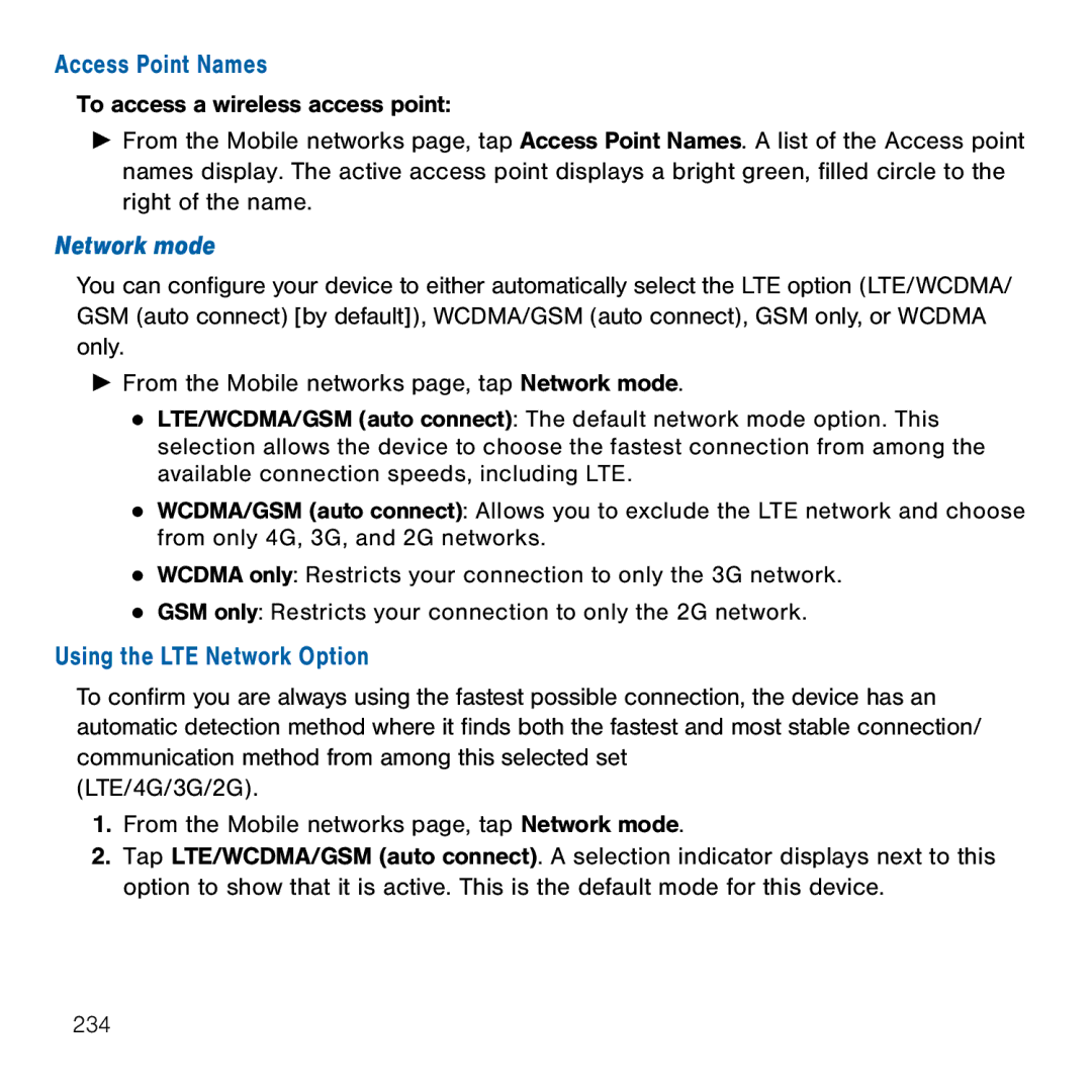 Samsung GH68-41834A user manual Access Point Names, Network mode, Using the LTE Network Option 