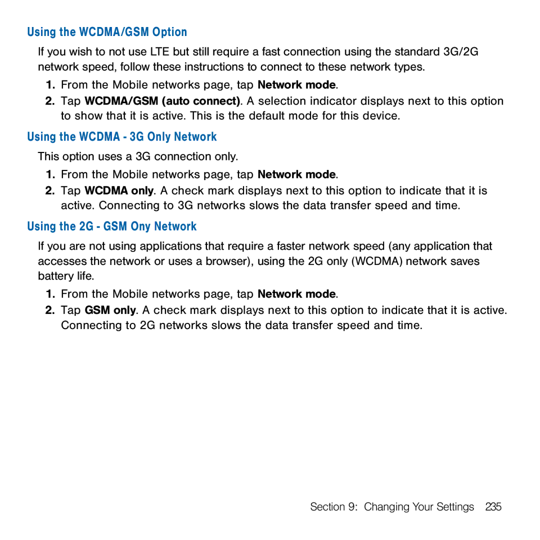 Samsung GH68-41834A user manual Using the WCDMA/GSM Option, Using the Wcdma 3G Only Network, Using the 2G GSM Ony Network 