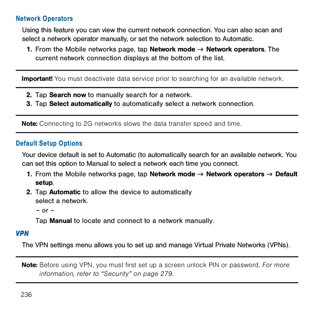 Samsung GH68-41834A user manual Network Operators, Default Setup Options 