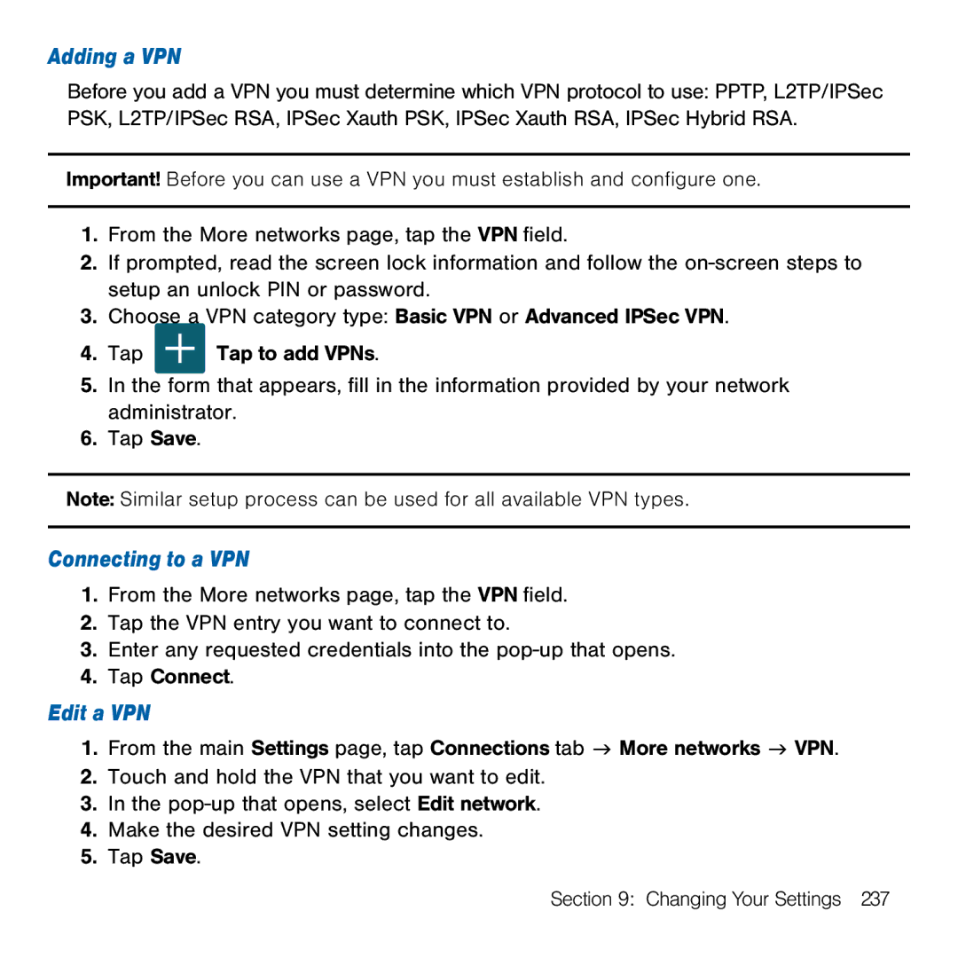 Samsung GH68-41834A user manual Adding a VPN, Connecting to a VPN, Edit a VPN 