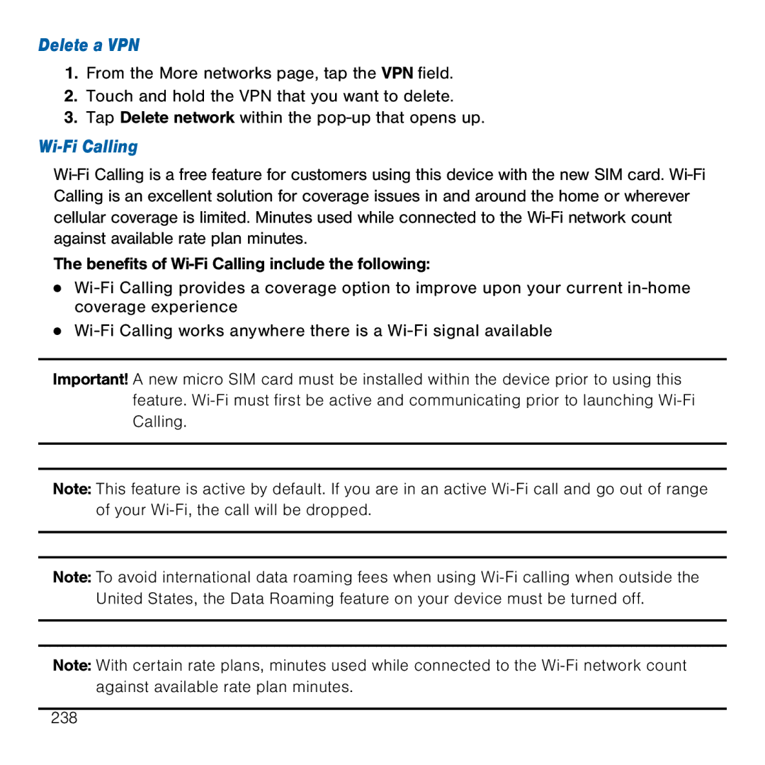 Samsung GH68-41834A user manual Delete a VPN, Wi-Fi Calling 