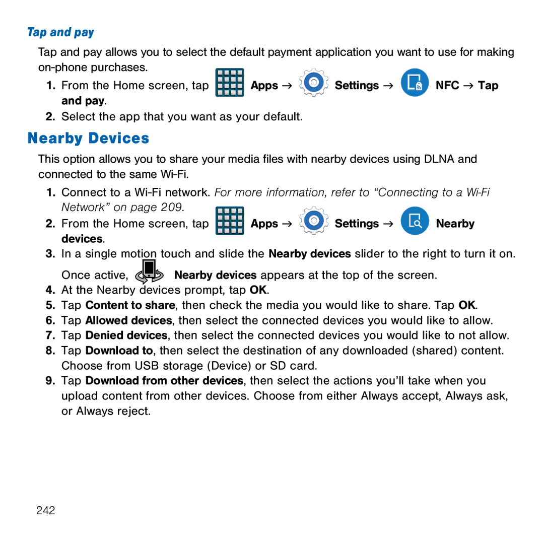 Samsung GH68-41834A user manual Nearby Devices, Tap and pay 