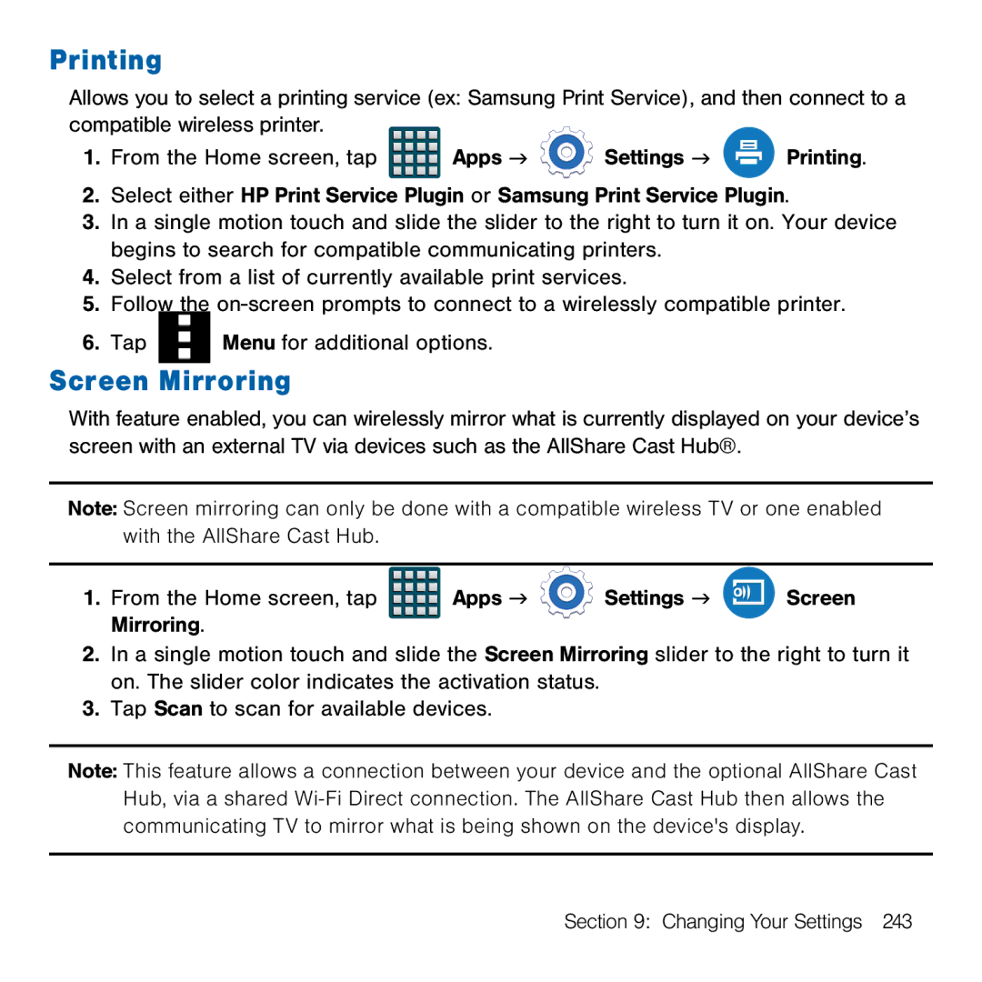 Samsung GH68-41834A user manual Printing, Screen Mirroring 