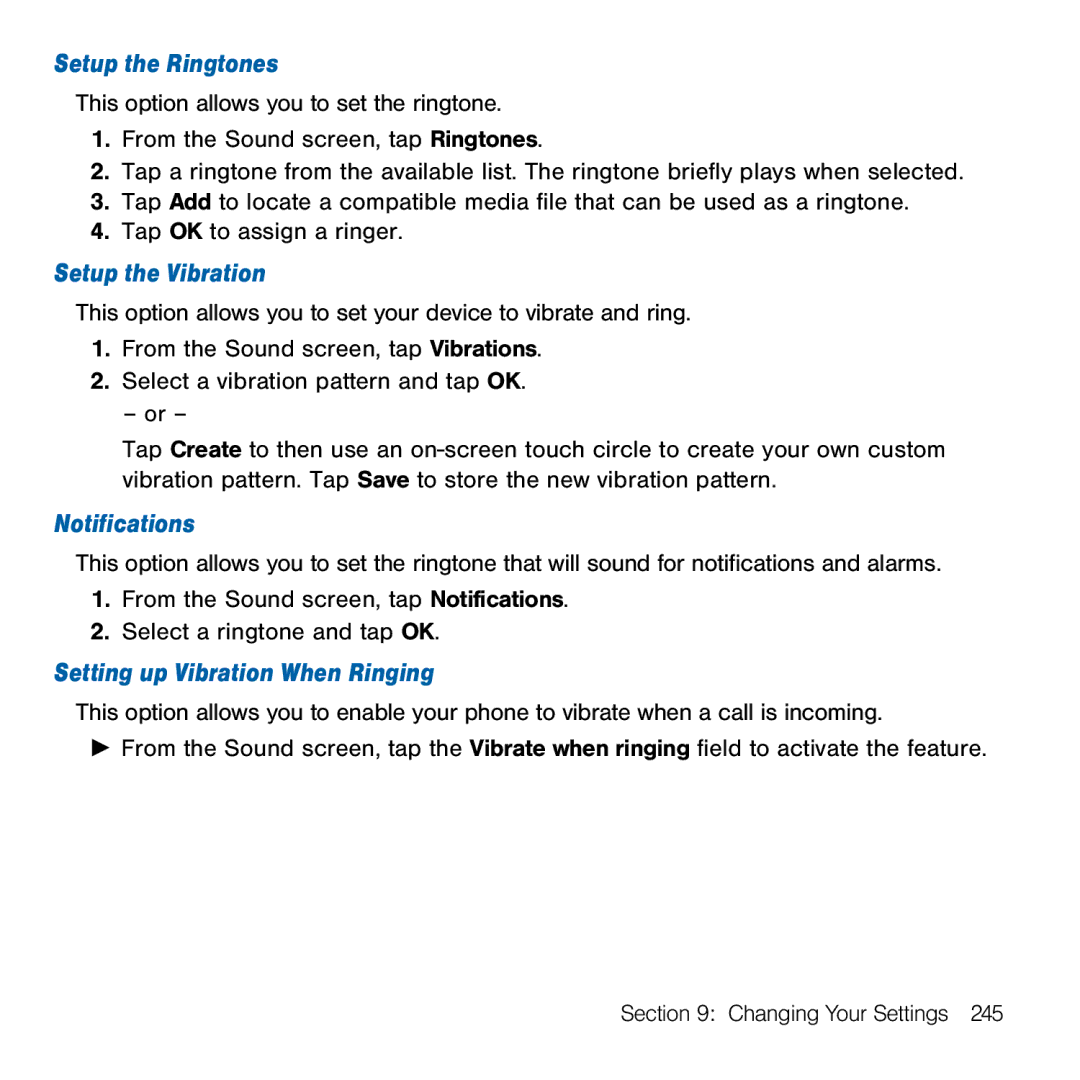 Samsung GH68-41834A user manual Setup the Ringtones, Setup the Vibration, Notifications, Setting up Vibration When Ringing 