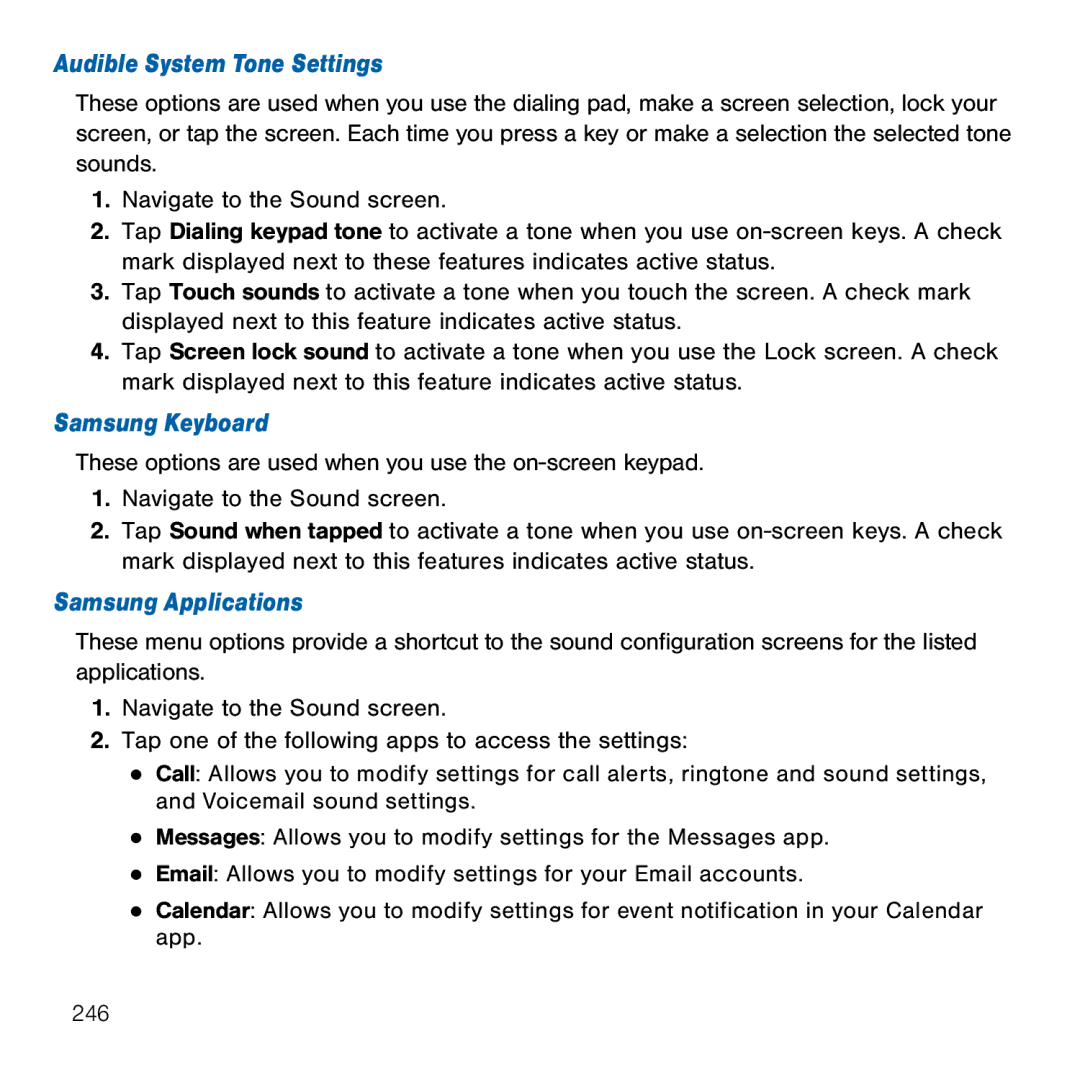 Samsung GH68-41834A user manual Audible System Tone Settings, Samsung Applications 