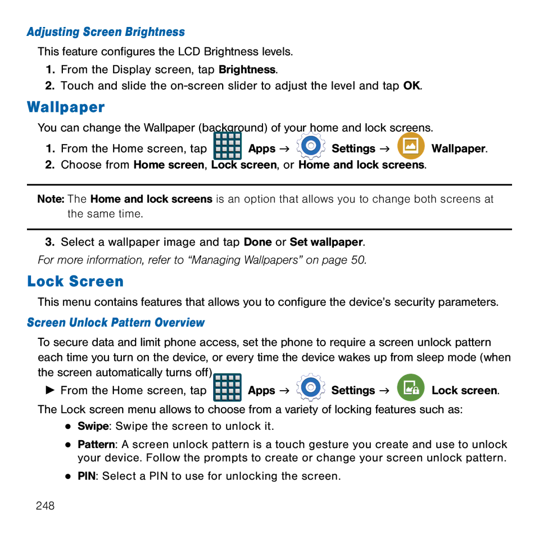 Samsung GH68-41834A user manual Wallpaper, Lock Screen, Adjusting Screen Brightness, Screen Unlock Pattern Overview 