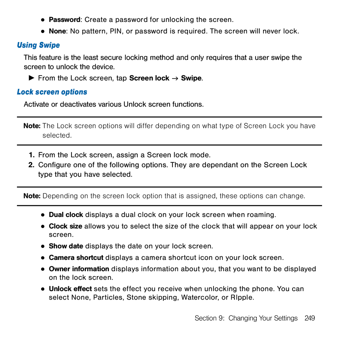 Samsung GH68-41834A user manual Using Swipe, Lock screen options 