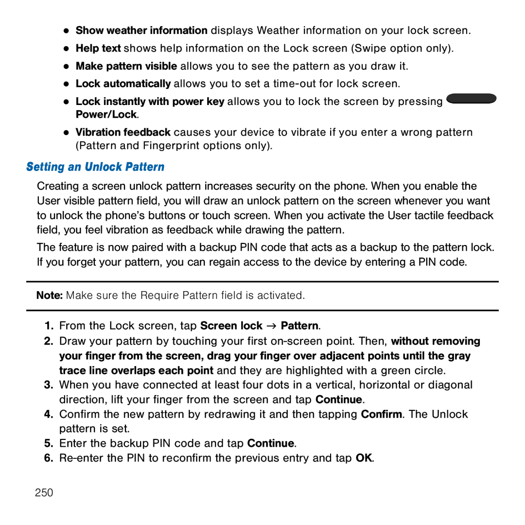 Samsung GH68-41834A user manual Setting an Unlock Pattern, From the Lock screen, tap Screen lock g Pattern 