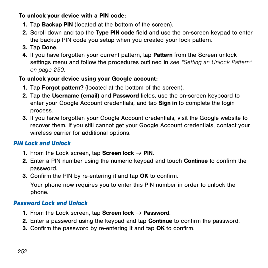 Samsung GH68-41834A user manual PIN Lock and Unlock, Password Lock and Unlock 