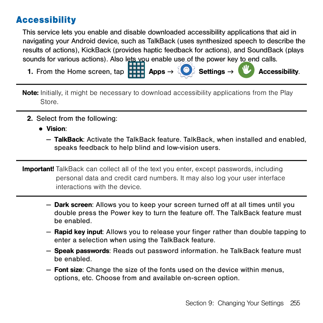 Samsung GH68-41834A user manual Accessibility 