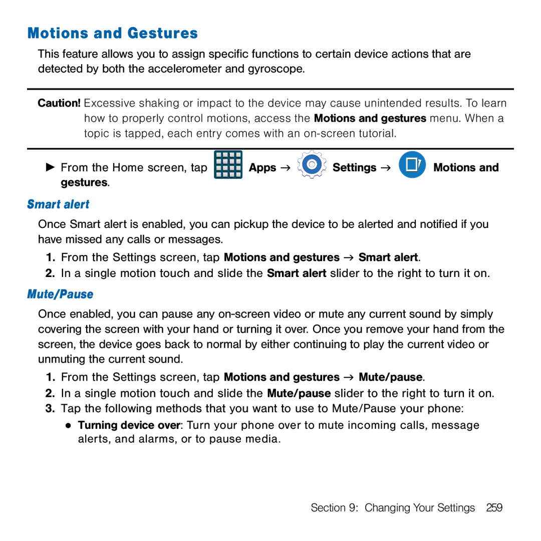 Samsung GH68-41834A user manual Motions and Gestures, Smart alert, Mute/Pause 