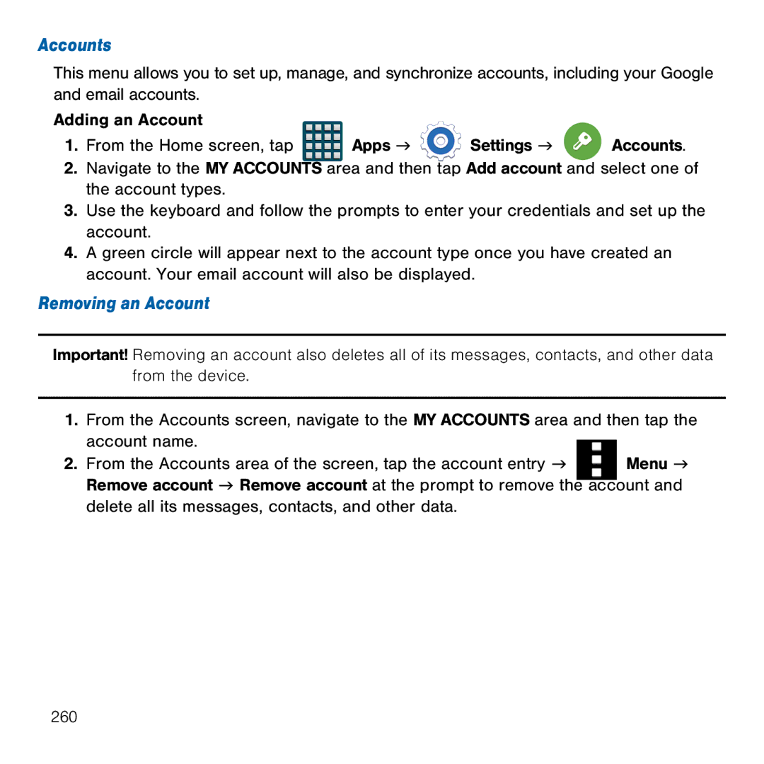 Samsung GH68-41834A user manual Accounts, Removing an Account 