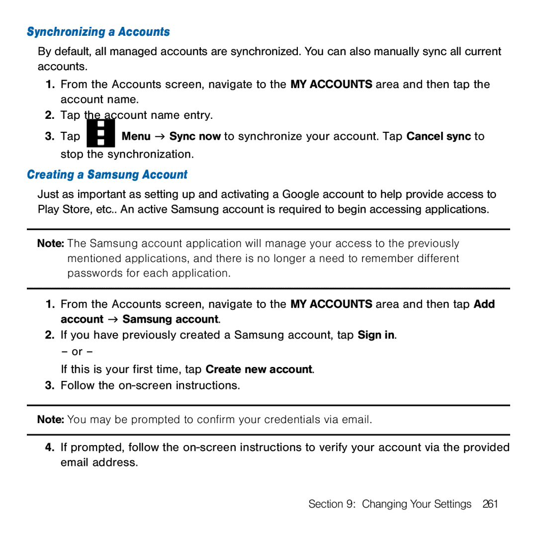 Samsung GH68-41834A user manual Synchronizing a Accounts, Creating a Samsung Account 