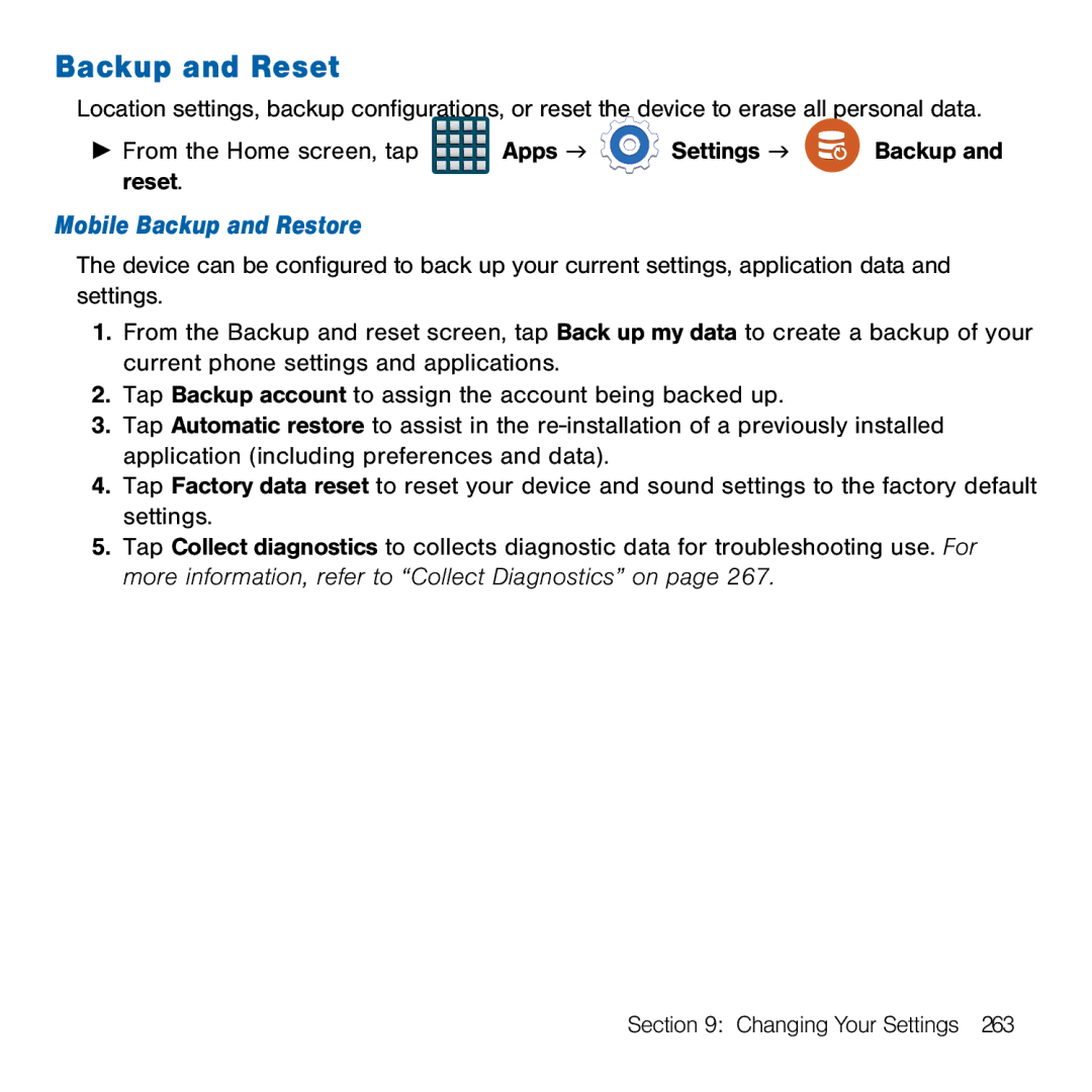 Samsung GH68-41834A user manual Backup and Reset, Mobile Backup and Restore 