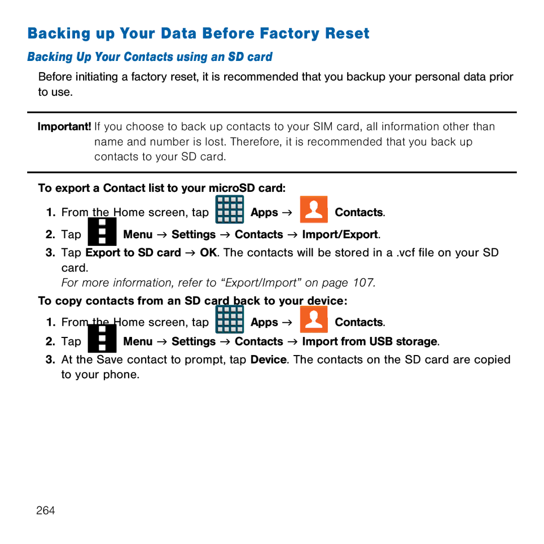 Samsung GH68-41834A user manual Backing up Your Data Before Factory Reset, Backing Up Your Contacts using an SD card 