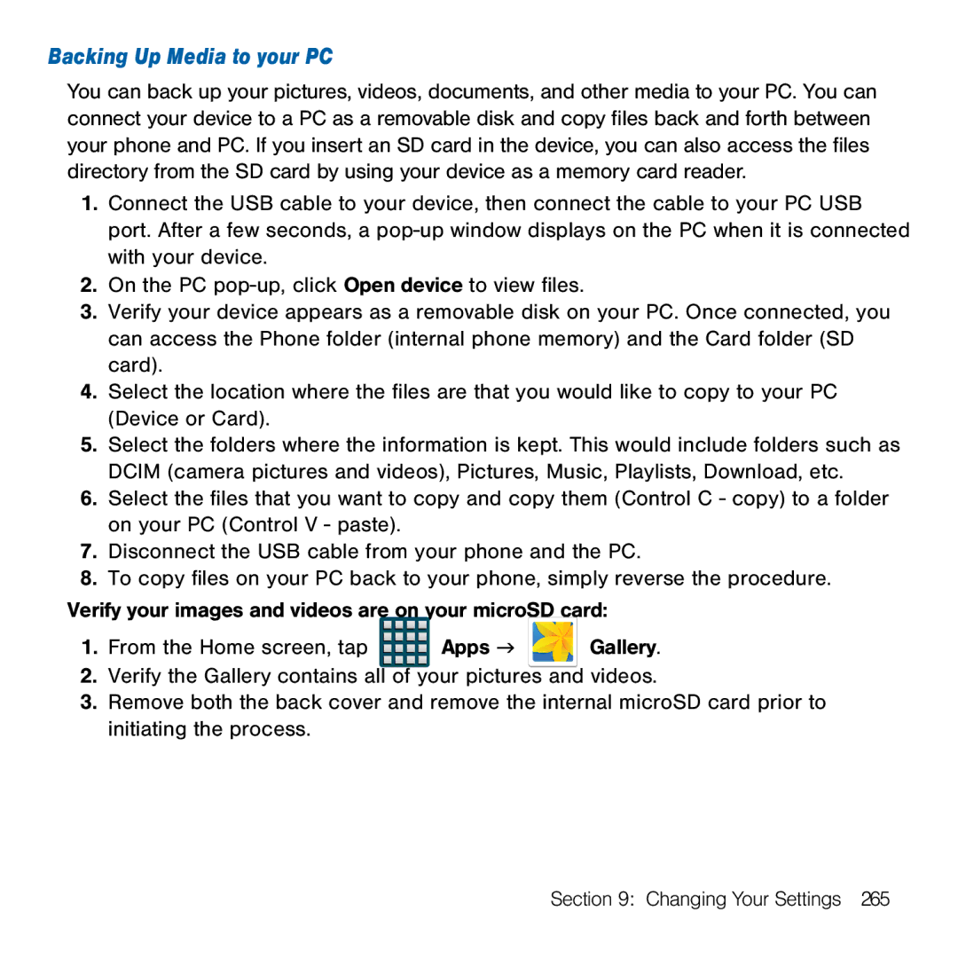 Samsung GH68-41834A user manual Backing Up Media to your PC 