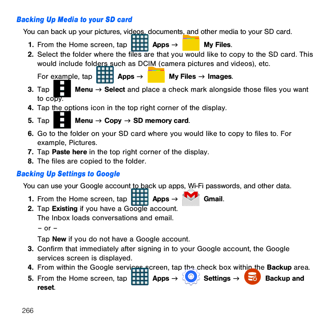Samsung GH68-41834A user manual Backing Up Media to your SD card, Backing Up Settings to Google 