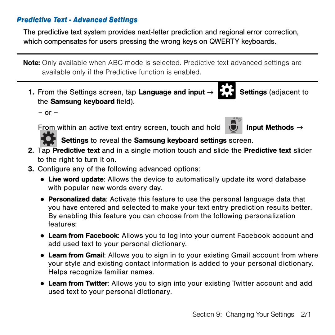 Samsung GH68-41834A user manual Predictive Text Advanced Settings 