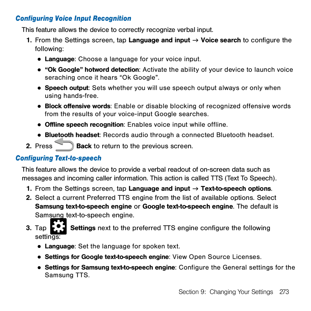 Samsung GH68-41834A user manual Configuring Voice Input Recognition, Configuring Text-to-speech 