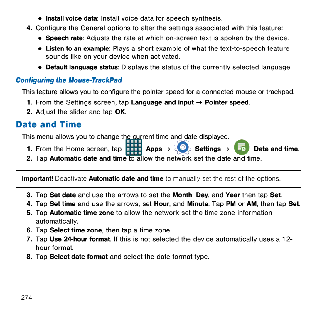 Samsung GH68-41834A user manual Date and Time, Configuring the Mouse-TrackPad 