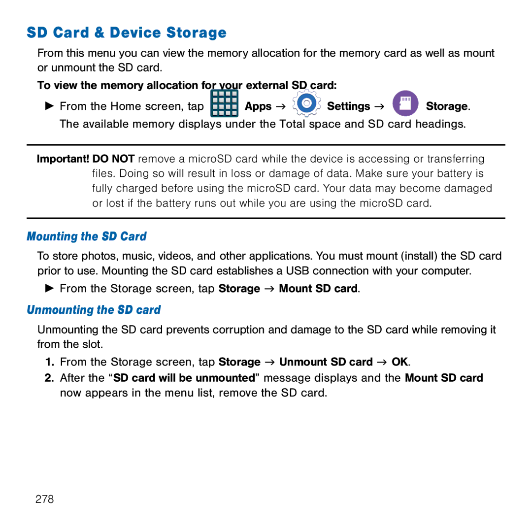 Samsung GH68-41834A user manual SD Card & Device Storage, Mounting the SD Card, Unmounting the SD card 