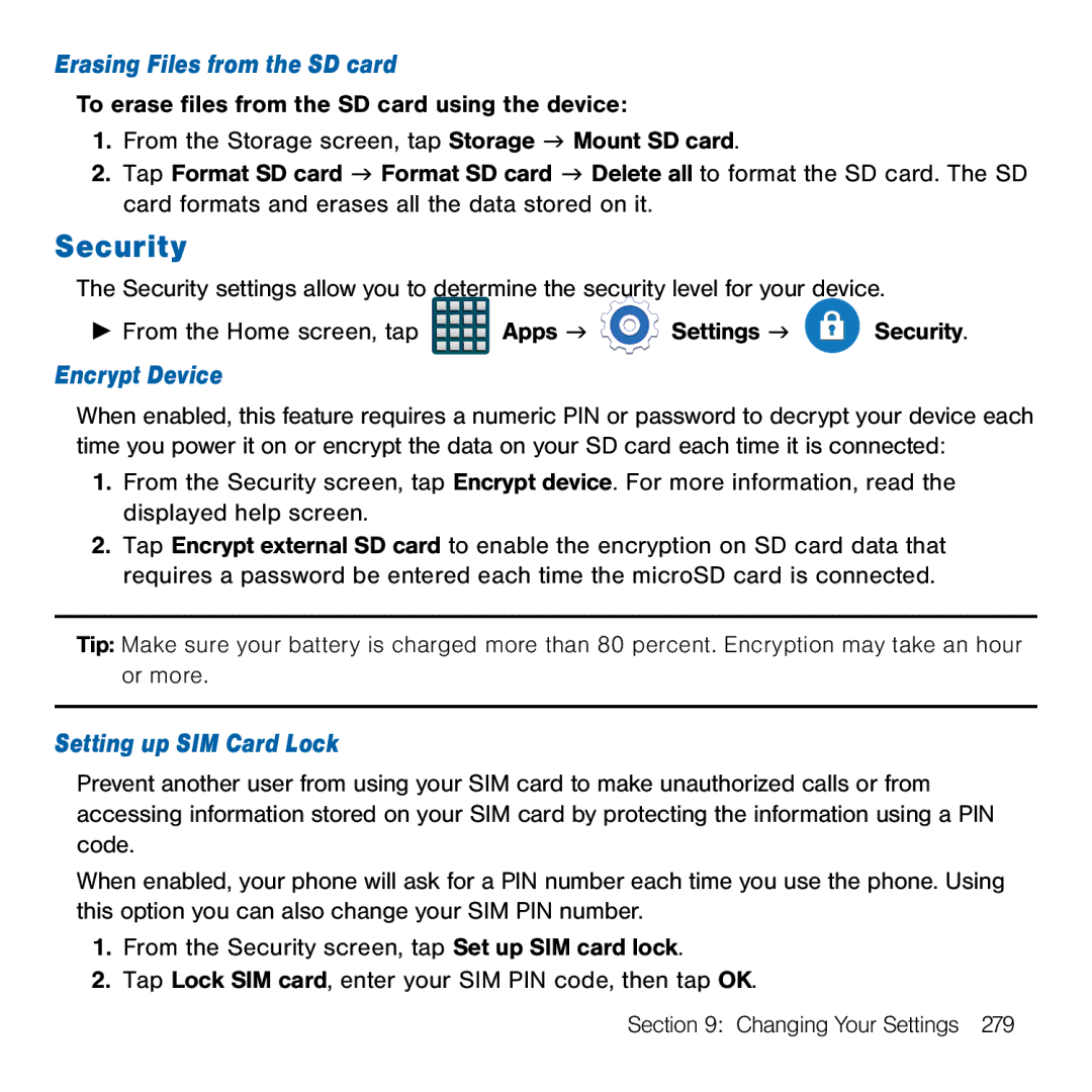 Samsung GH68-41834A user manual Security, Erasing Files from the SD card, Encrypt Device, Setting up SIM Card Lock 