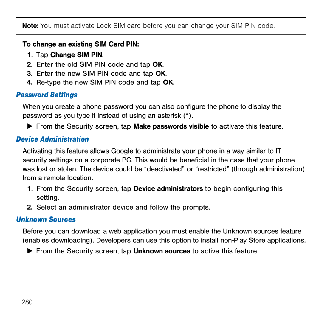 Samsung GH68-41834A user manual Password Settings, Device Administration, Unknown Sources 