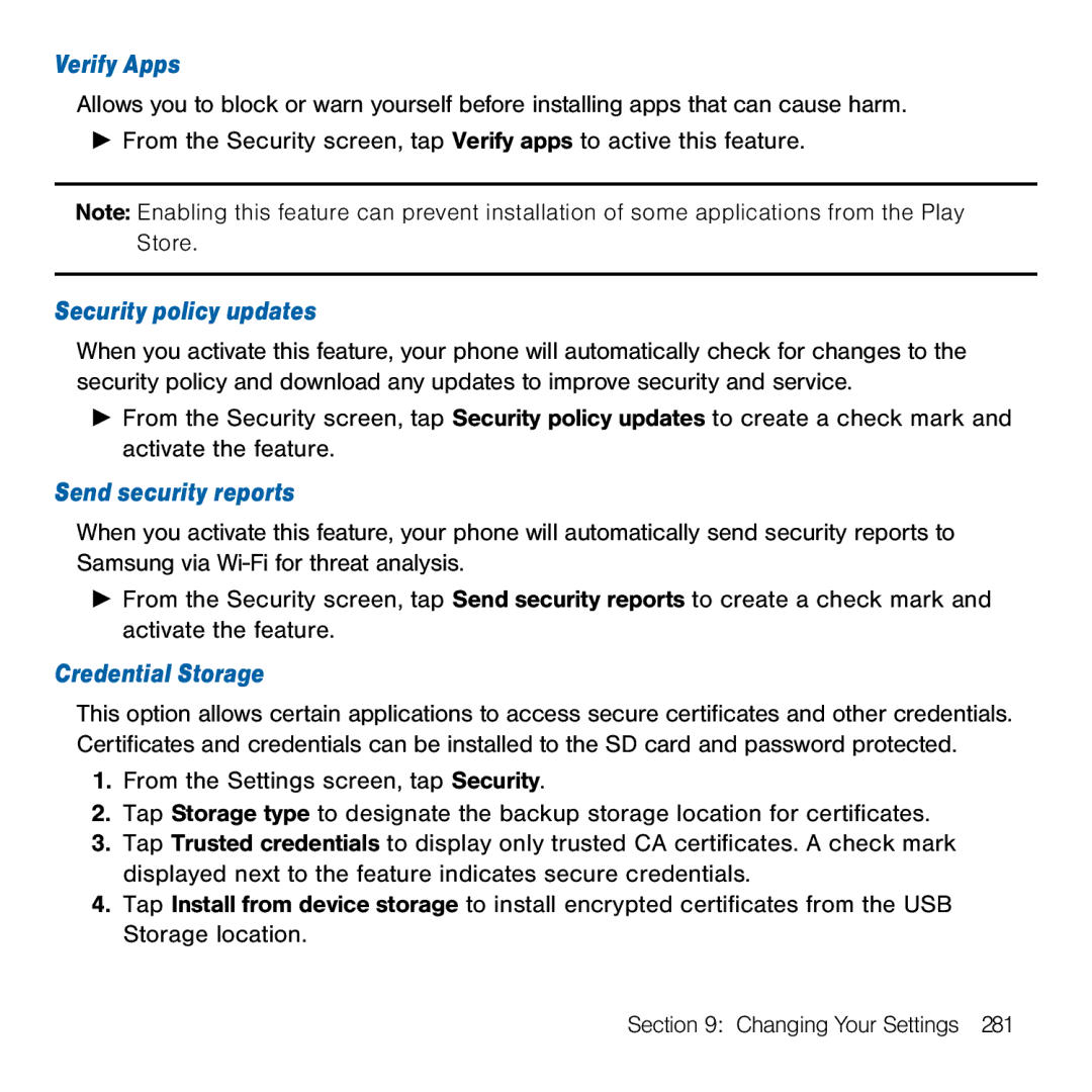 Samsung GH68-41834A user manual Verify Apps, Security policy updates, Send security reports, Credential Storage 