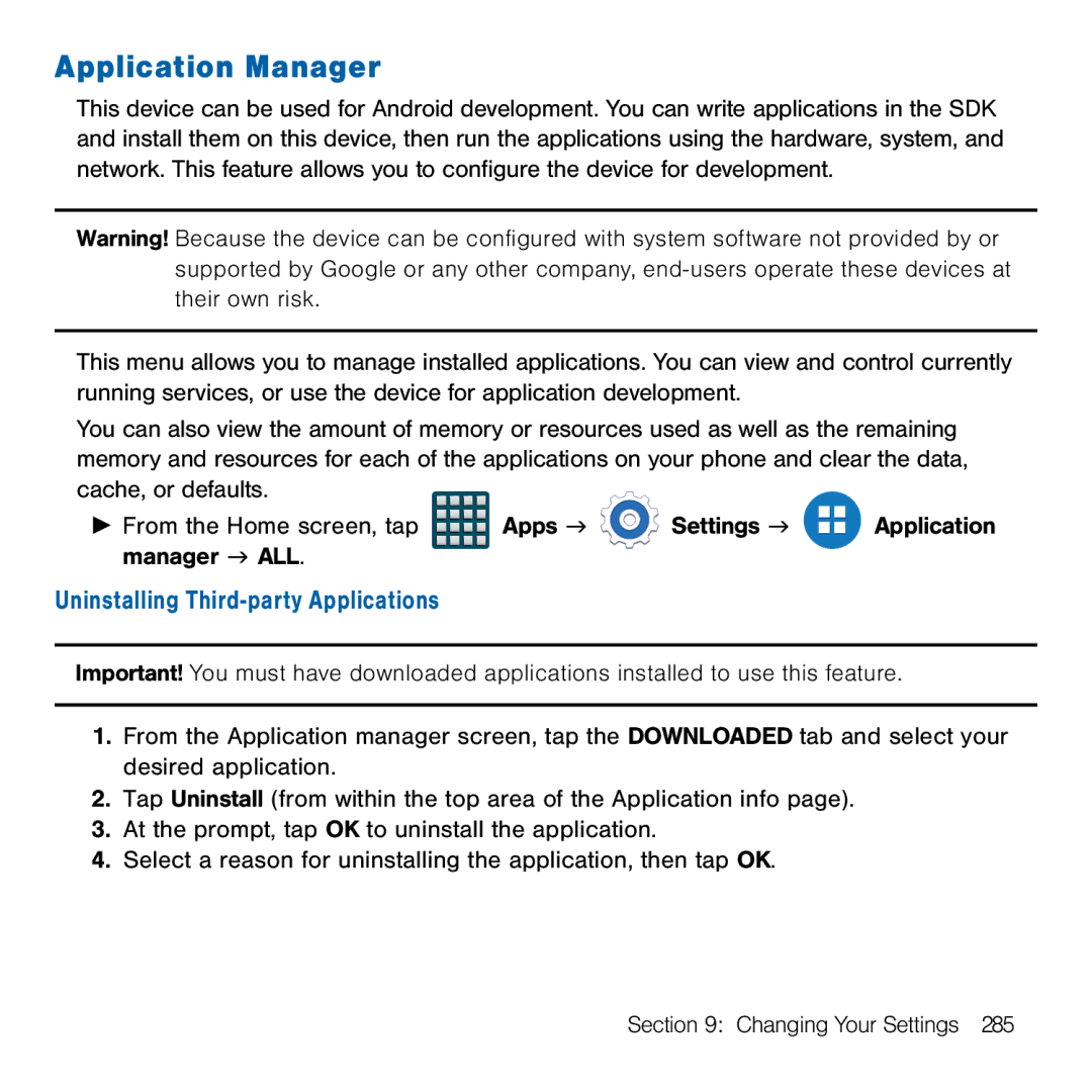 Samsung GH68-41834A user manual Application Manager, Uninstalling Third-party Applications 