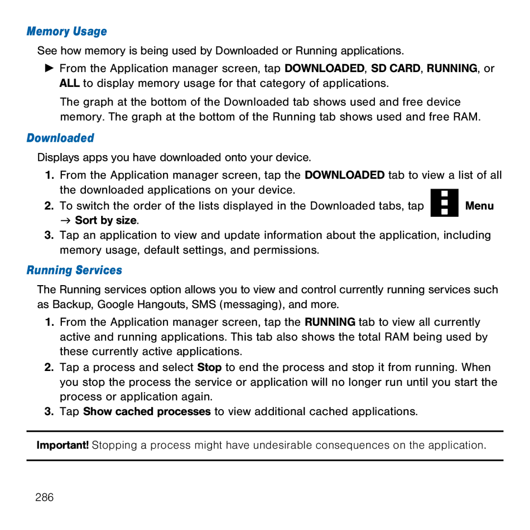 Samsung GH68-41834A user manual Memory Usage, Downloaded, Running Services 