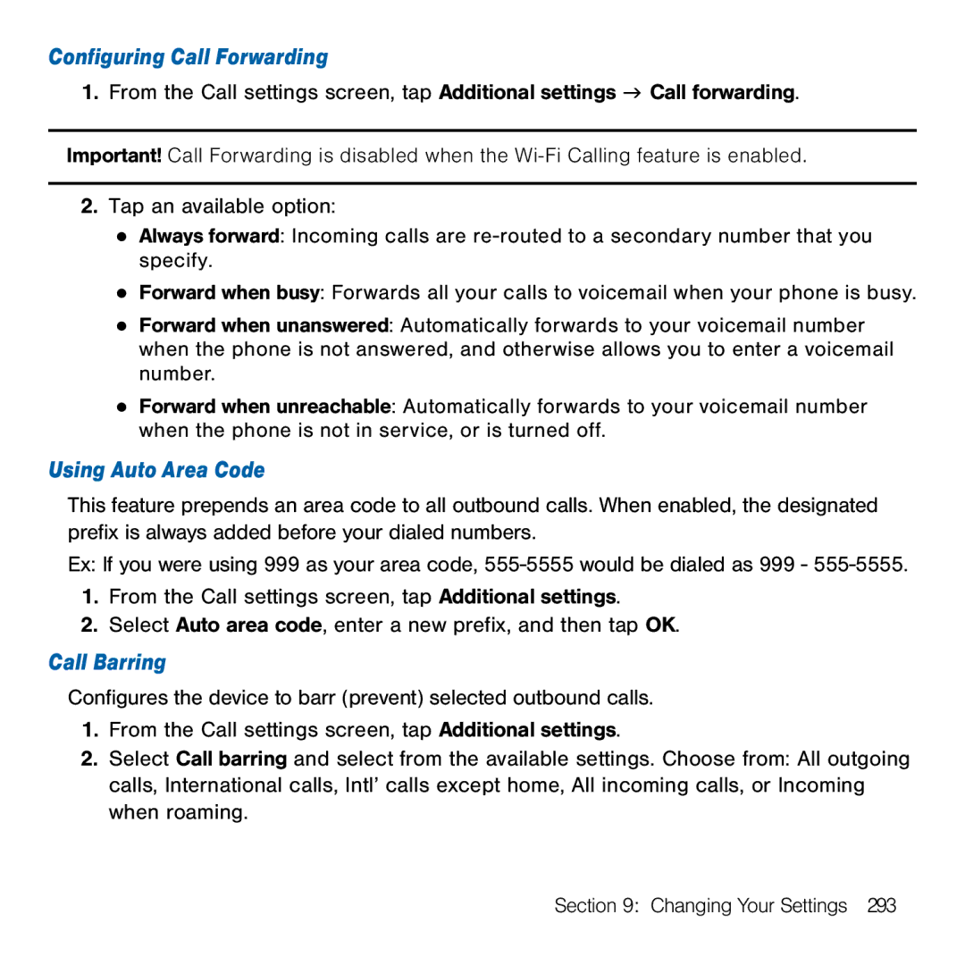 Samsung GH68-41834A user manual Configuring Call Forwarding, Using Auto Area Code, Call Barring 