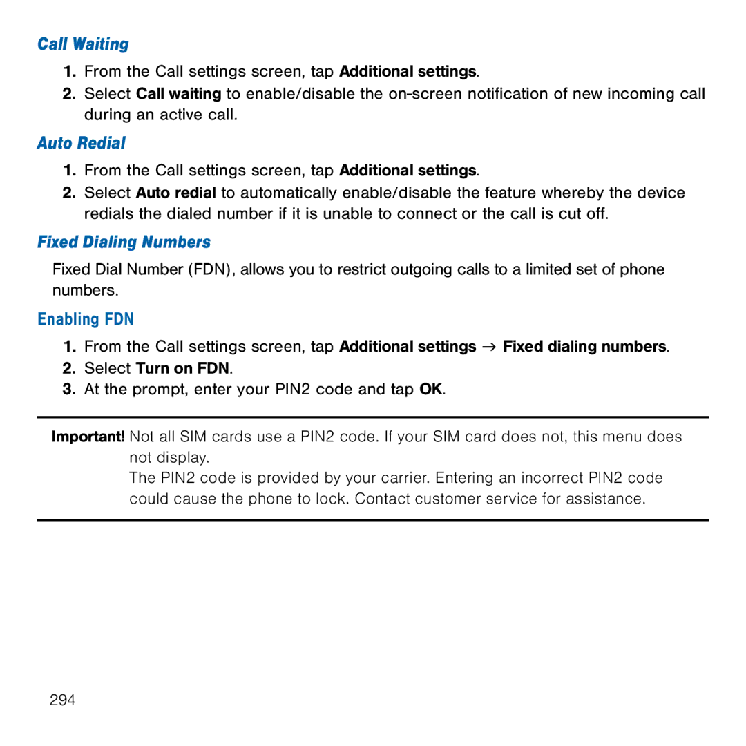 Samsung GH68-41834A user manual Call Waiting, Auto Redial, Fixed Dialing Numbers, Enabling FDN 