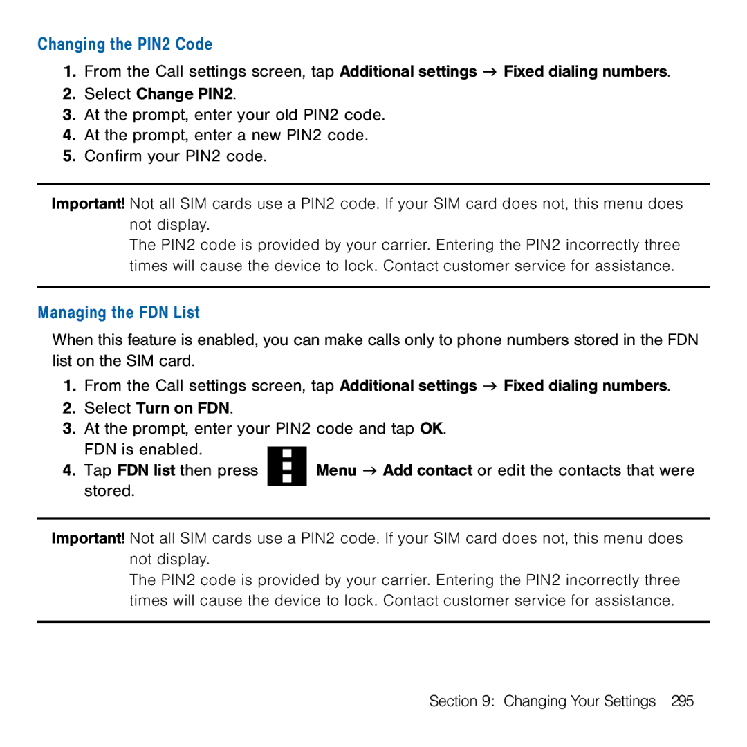 Samsung GH68-41834A user manual Changing the PIN2 Code, Managing the FDN List 