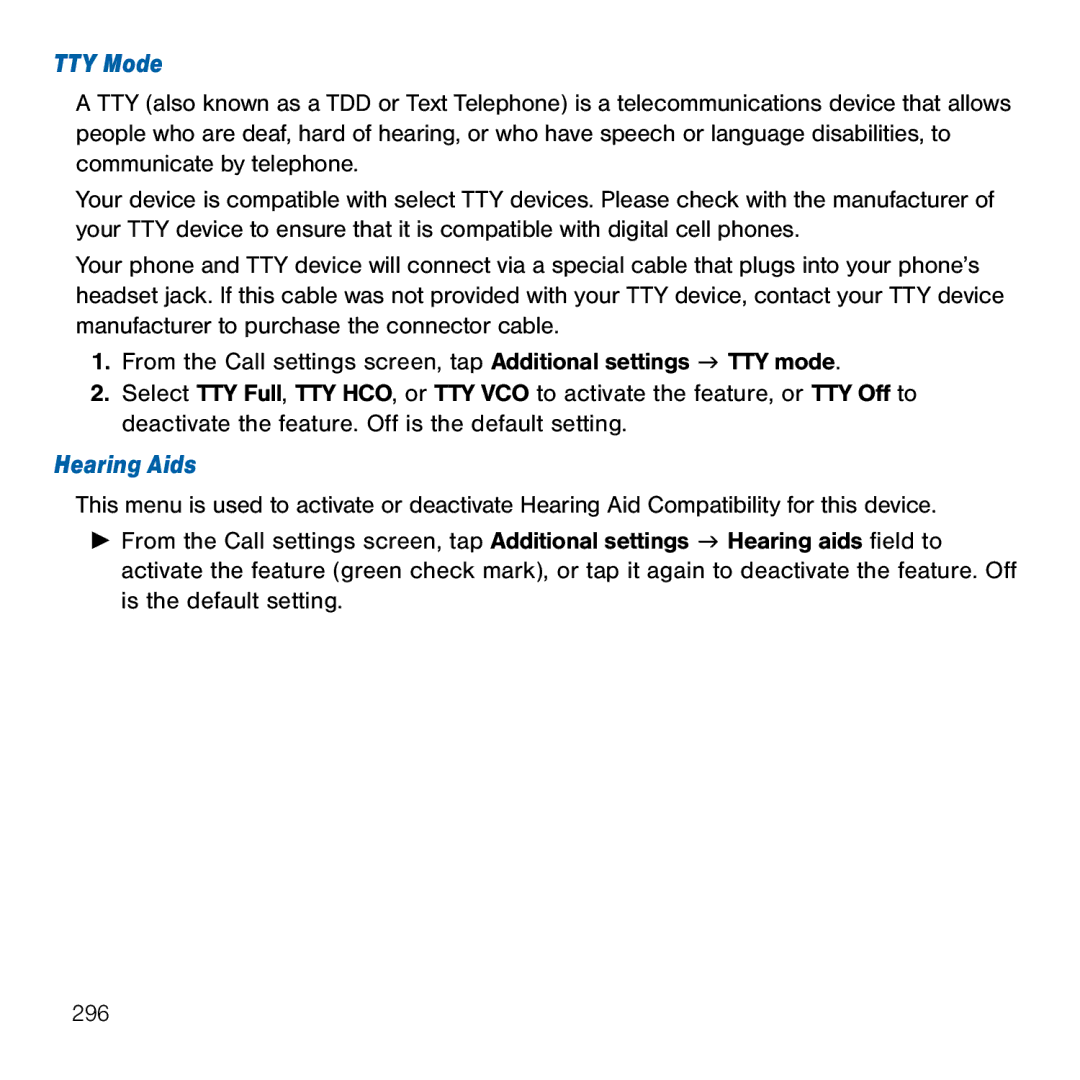 Samsung GH68-41834A user manual TTY Mode, Hearing Aids 