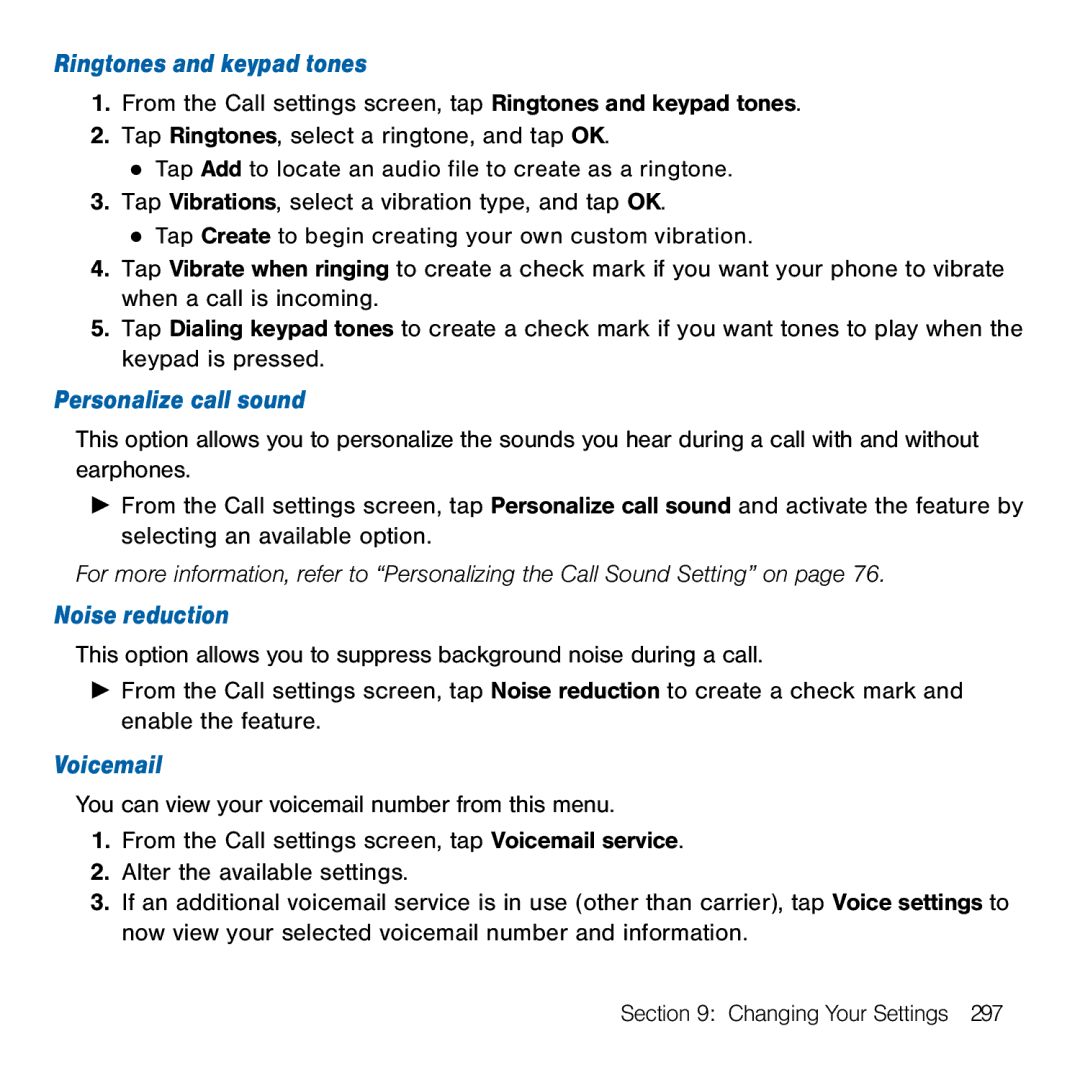 Samsung GH68-41834A user manual Ringtones and keypad tones, Personalize call sound, Noise reduction, Voicemail 