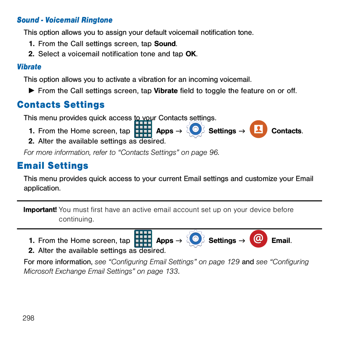 Samsung GH68-41834A user manual Email Settings, Sound Voicemail Ringtone, Vibrate 