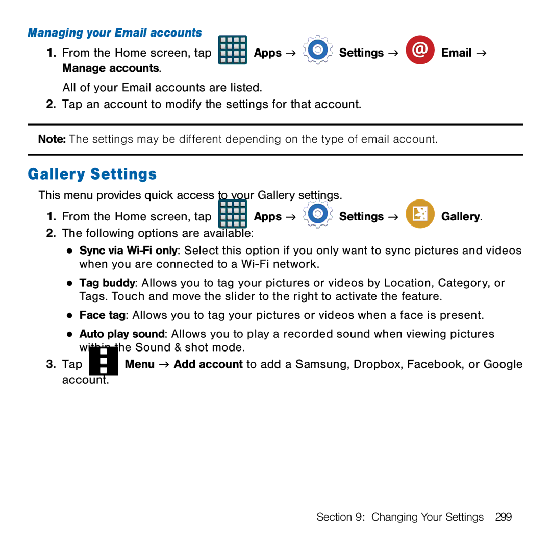 Samsung GH68-41834A user manual Gallery Settings, Managing your Email accounts 