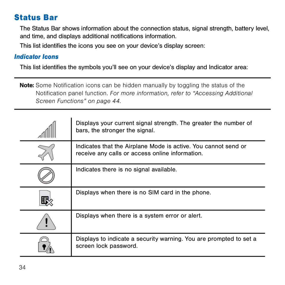 Samsung GH68-41834A user manual Status Bar, Indicator Icons 