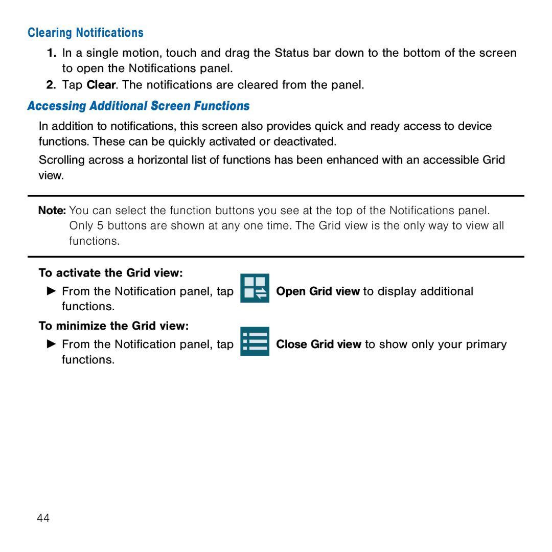 Samsung GH68-41834A user manual Clearing Notifications, Accessing Additional Screen Functions 