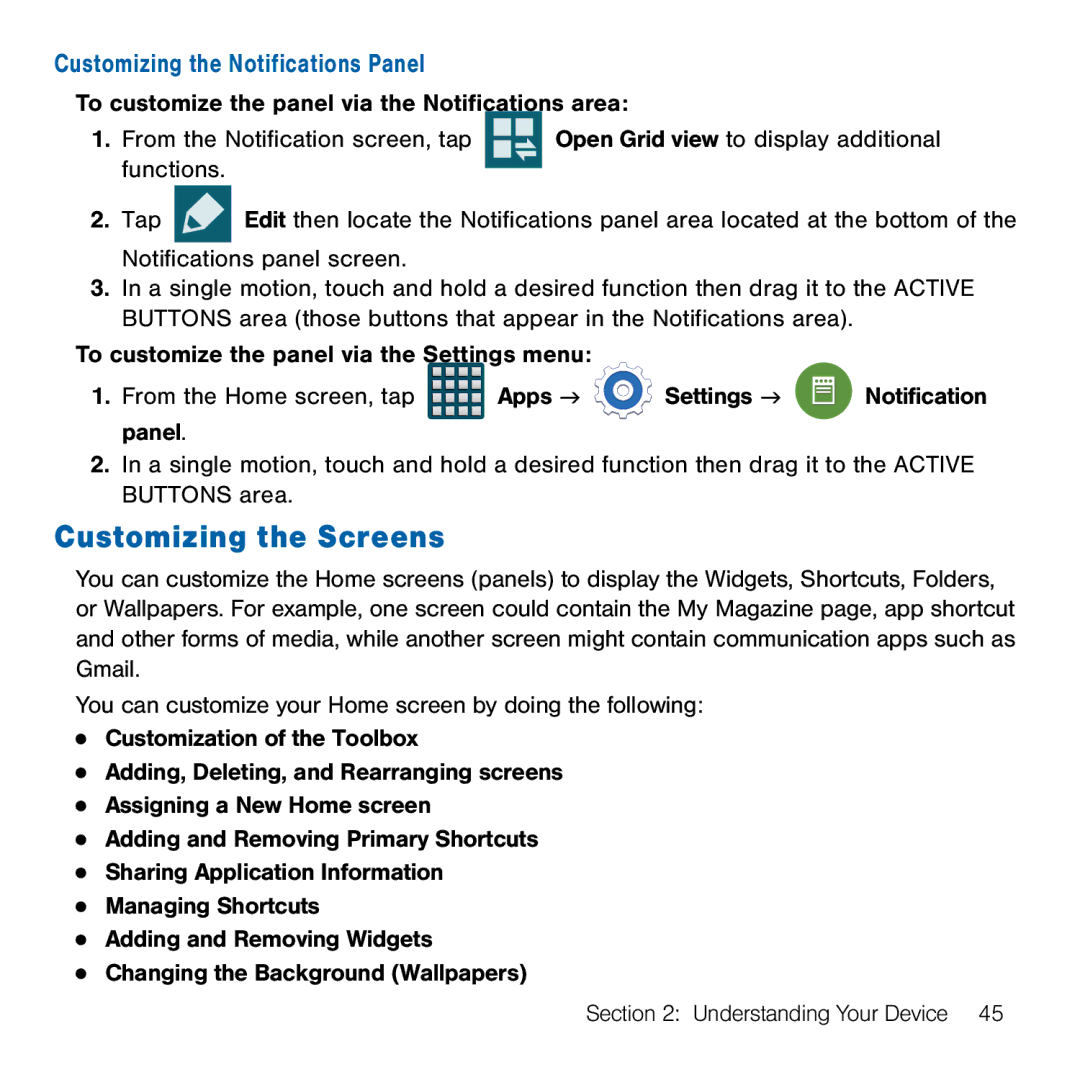 Samsung GH68-41834A user manual Customizing the Screens, Customizing the Notifications Panel 