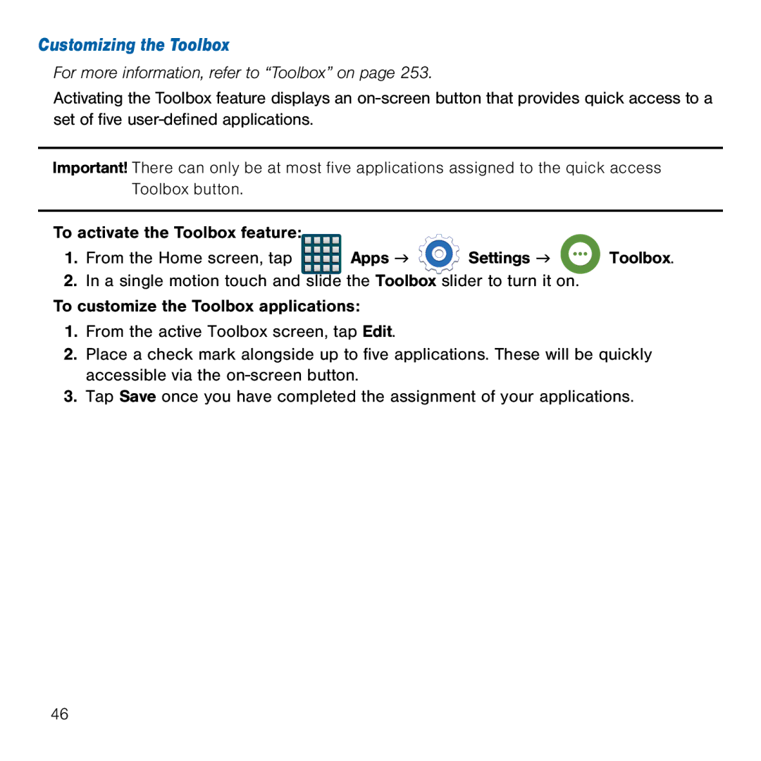 Samsung GH68-41834A user manual Customizing the Toolbox 