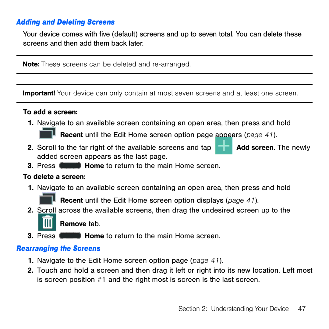 Samsung GH68-41834A user manual Adding and Deleting Screens, Rearranging the Screens 