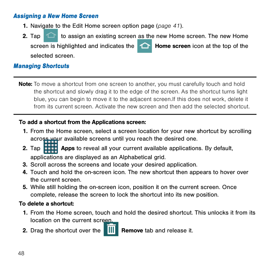 Samsung GH68-41834A user manual Assigning a New Home Screen, Managing Shortcuts 