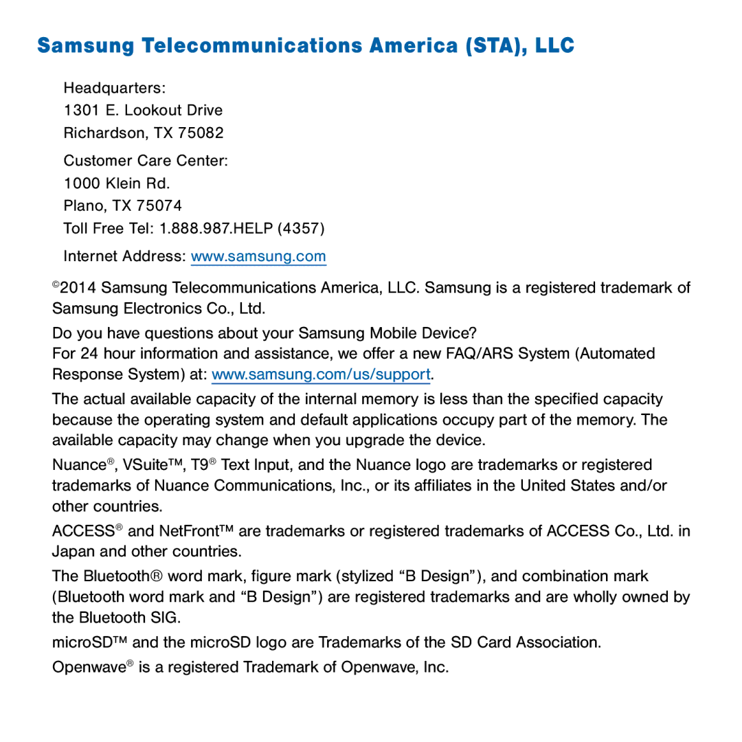 Samsung GH68-41834A user manual Samsung Telecommunications America STA, LLC 