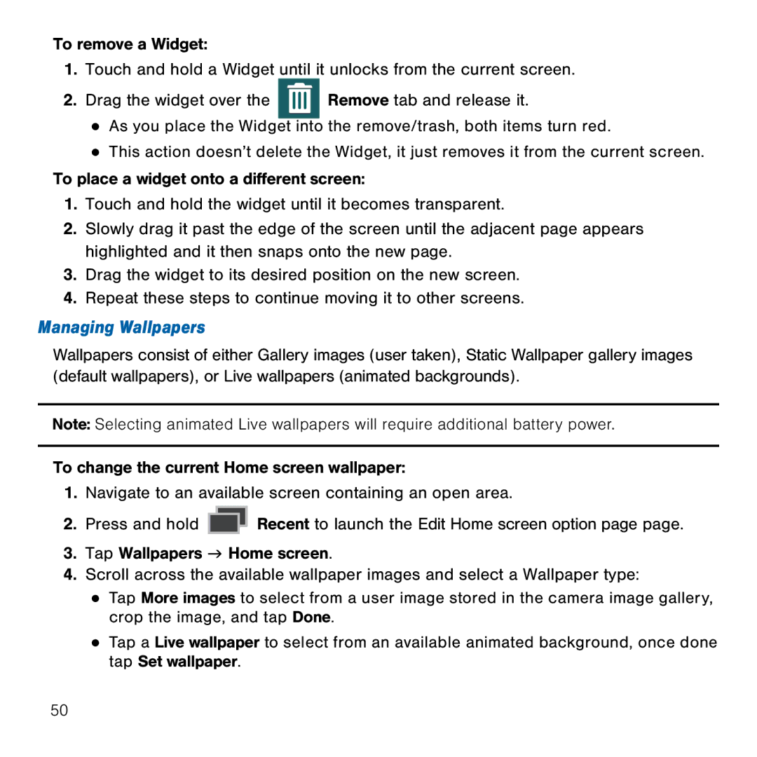 Samsung GH68-41834A user manual Managing Wallpapers 