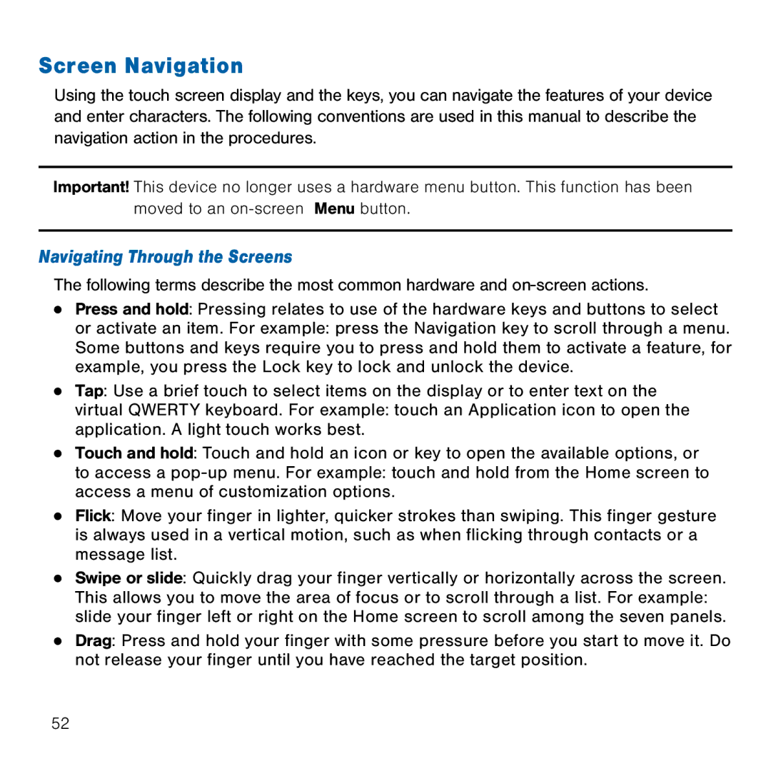 Samsung GH68-41834A user manual Screen Navigation, Navigating Through the Screens 