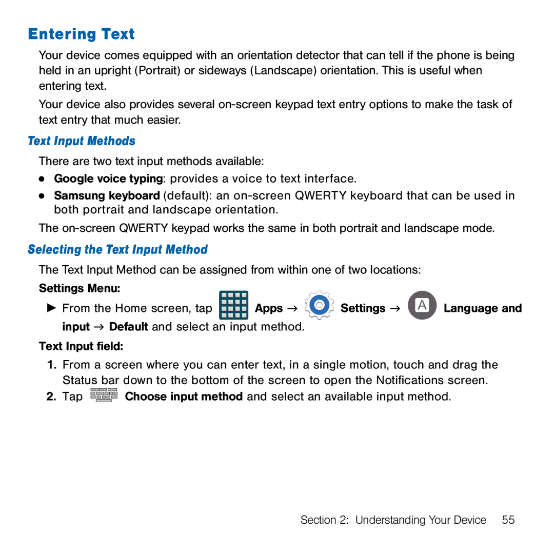 Samsung GH68-41834A user manual Entering Text, Text Input Methods, Selecting the Text Input Method 